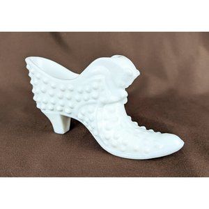 Vintage Fenton White Milk Glass Hobnail Slipper Shoe with Draping Cat Head